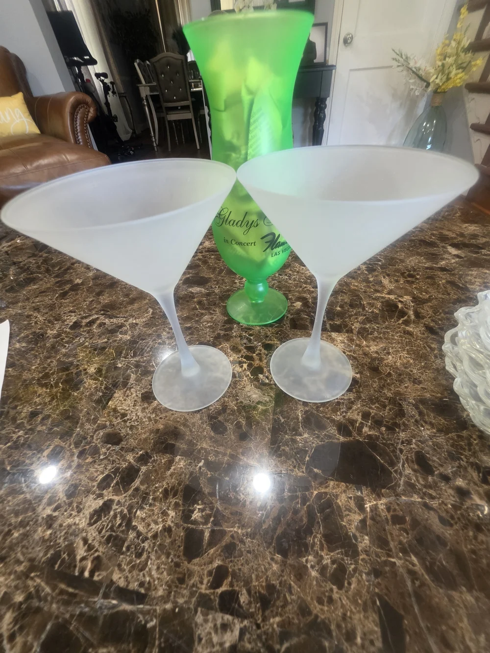 Source Unknown Frosted Martini Glasses with Neon Green Hurricane Glass